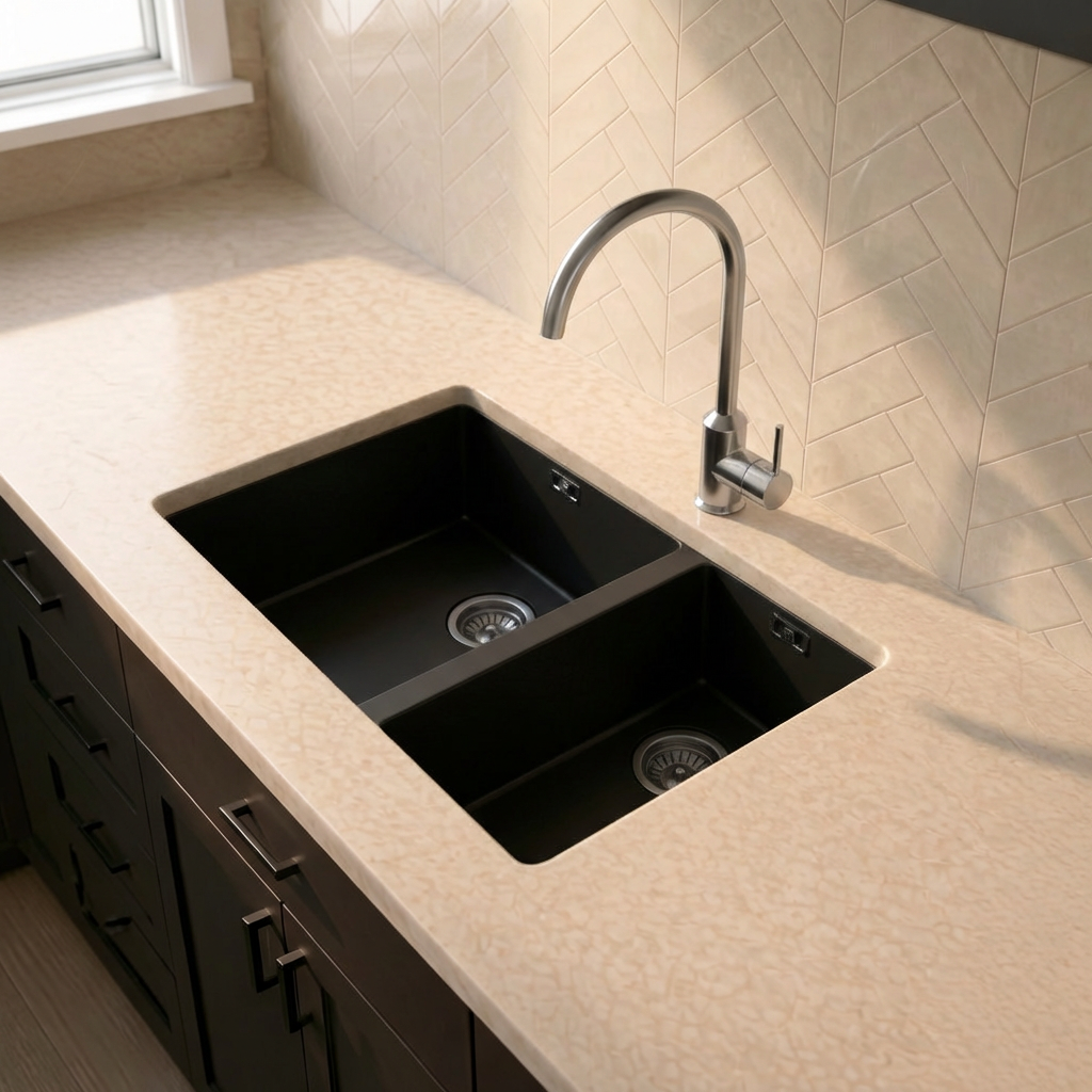 Verossi |  1.5 bowl Comite Kitchen Sink | Inset or Undermounted | Chrome Strainer Wastes Supplied | 670x440x206mm | Matt Black