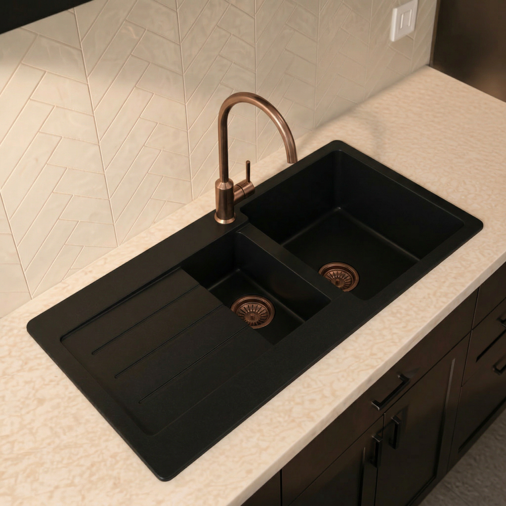 Verossi |  1.3 Bowl Comite Kitchen Sink & Drainer | Left or Right Handed | Chrome Strainer Wastes Supplied | 1000 x 500mm | Black