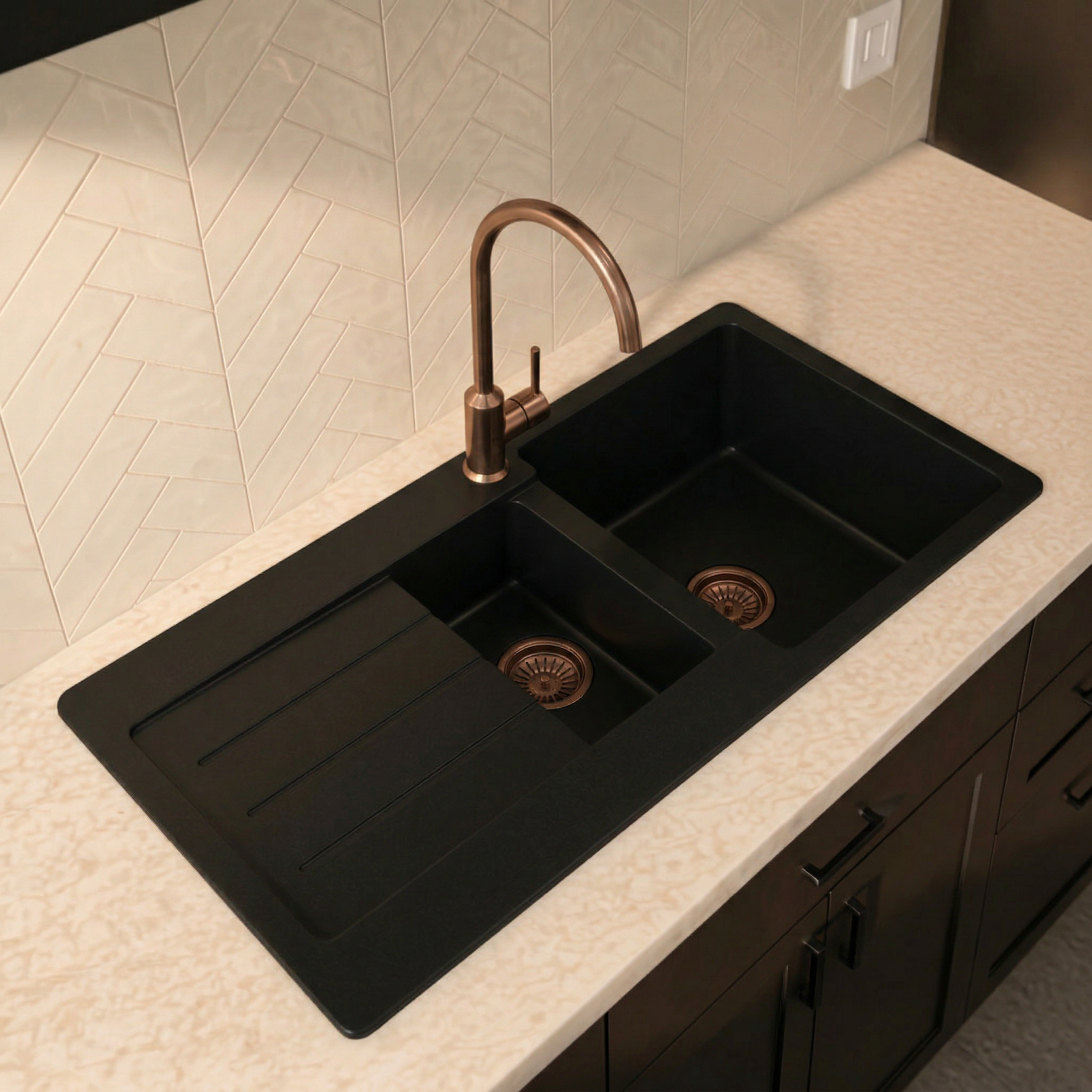 Verossi |  1.3 Bowl Comite Kitchen Sink & Drainer | Left or Right Handed | Chrome Strainer Wastes Supplied | 1000 x 500mm | Black