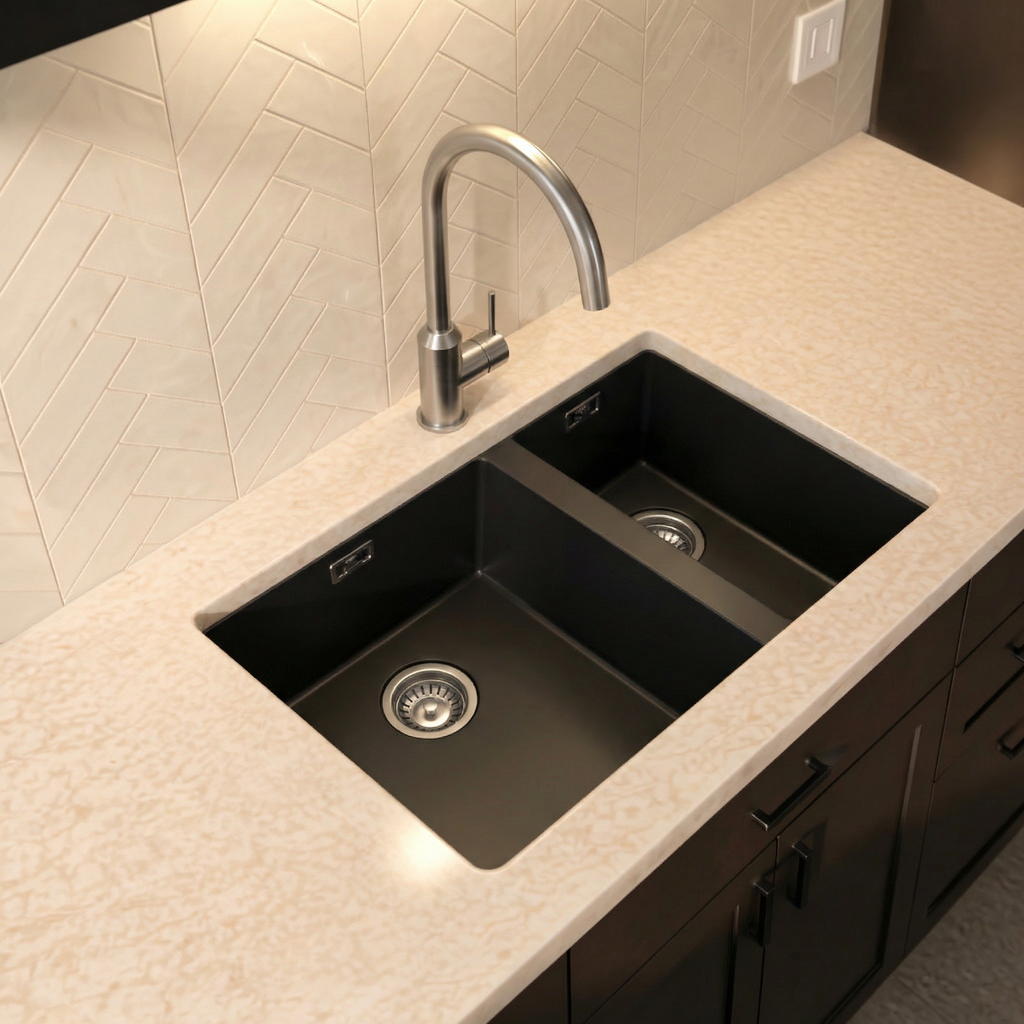 Verossi |  1.5 bowl Comite Kitchen Sink | Inset or Undermounted | Chrome Strainer Wastes Supplied | 670x440x206mm | Matt Black