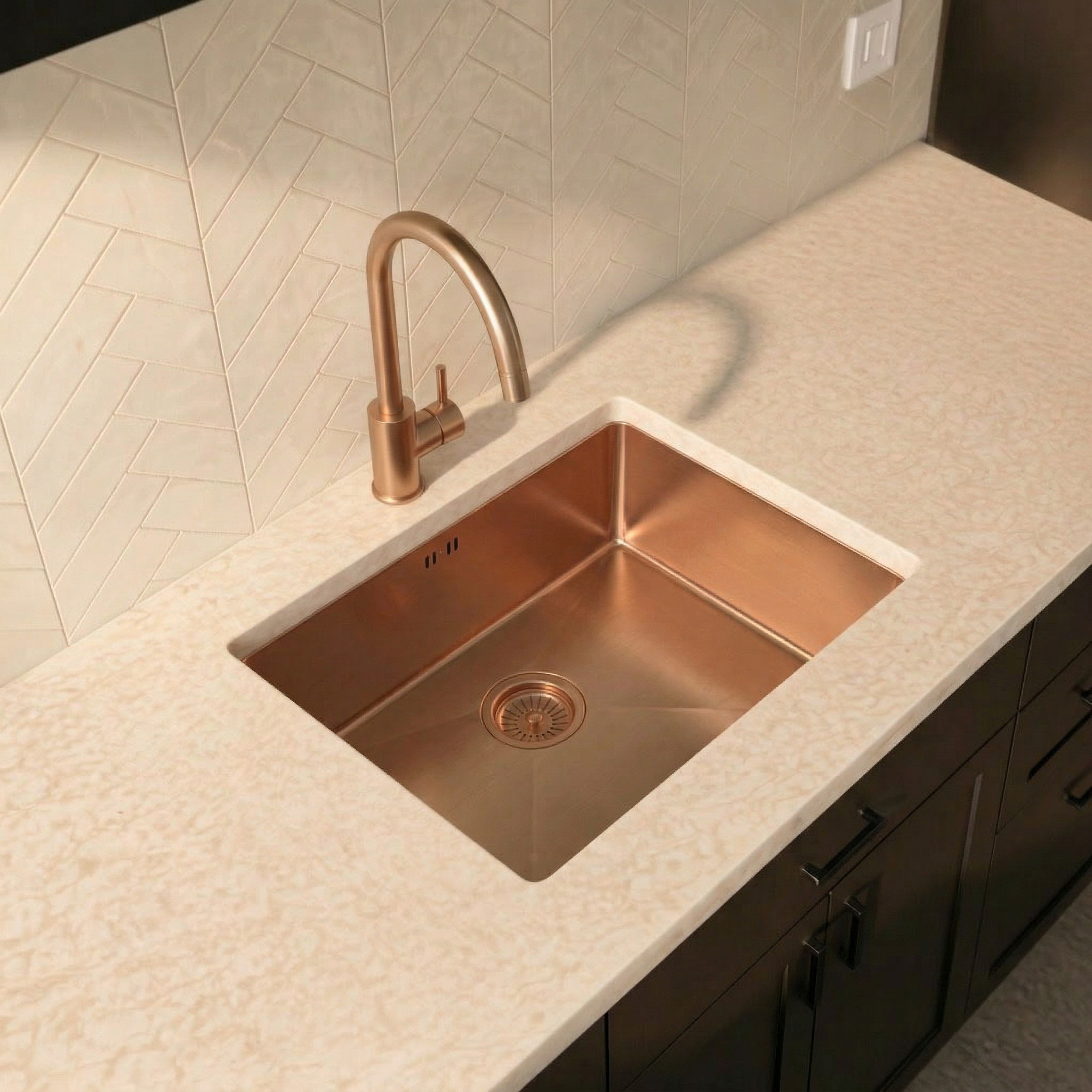 Verossi | 1.0 Bowl Kitchen Sink | Inset or Undermounted | Brushed Copper Strainer Waste Supplied | 540x440x205 | Brushed Copper