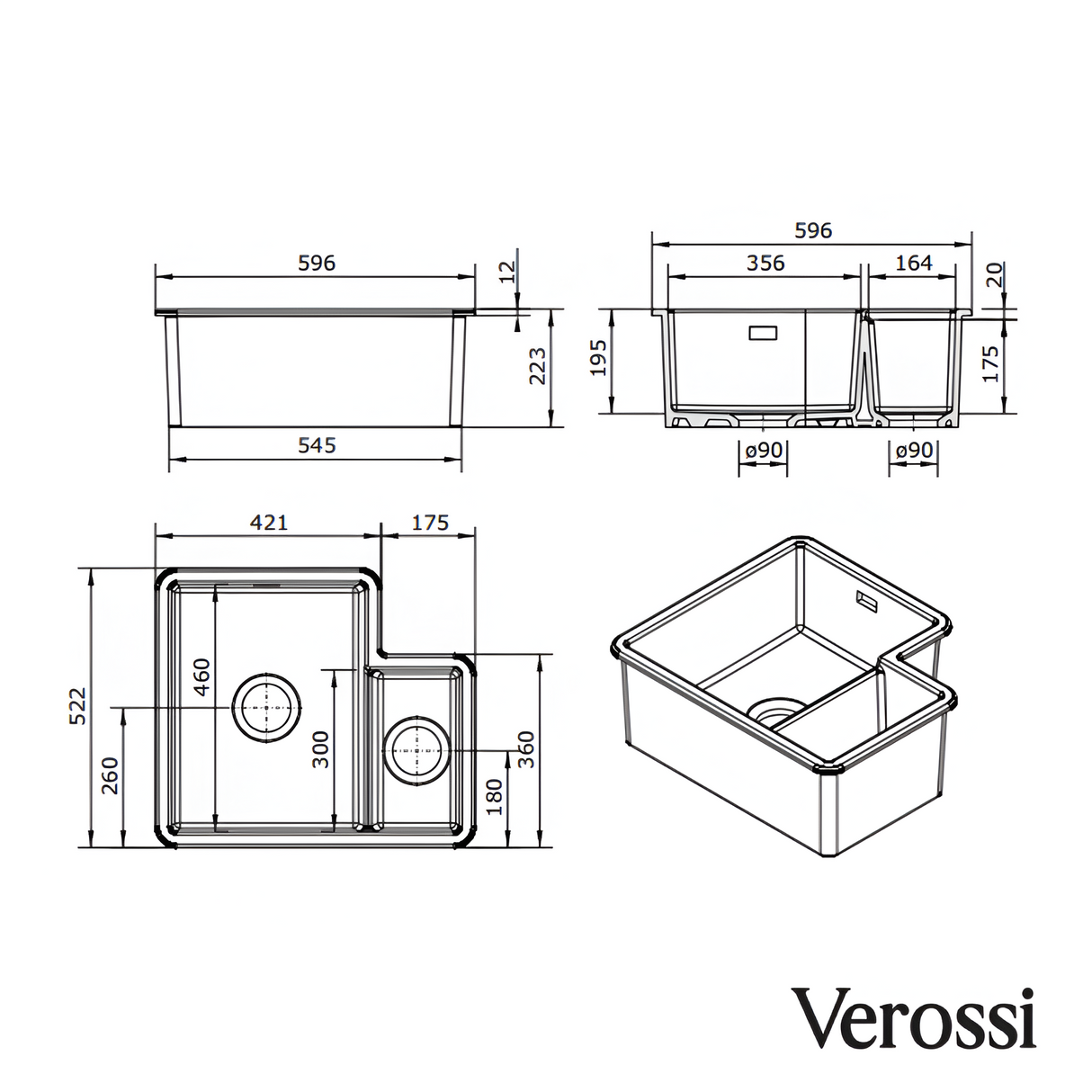 Verossi | Fireclay | 1.3 Bowl Undermount Kitchen Sink with Left Hand Main Bowl | Chrome Strainer wastes Supplied | 595x520mm | White Ceramic