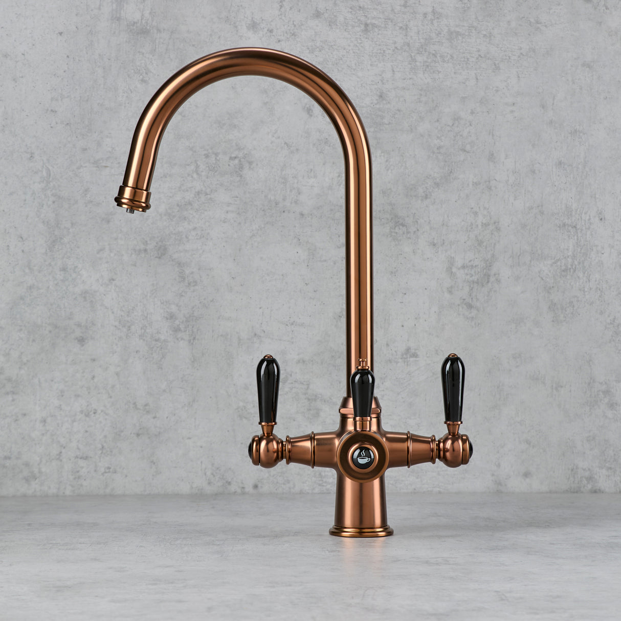 Verossi  | Vandisso | Traditional Cruciform Style 3 in 1 Instant Boiling Tap | Black Ceramic Levers | Brushed Copper Finish