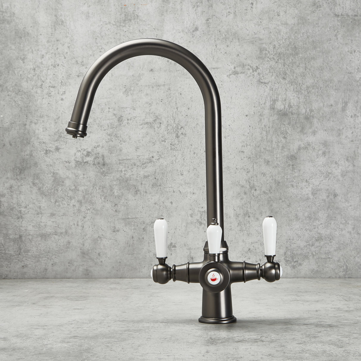 Verossi  | Vandisso | Traditional Cruciform Style 3 in 1 Instant Boiling Tap | White Ceramic Levers | Gun Metal Finish