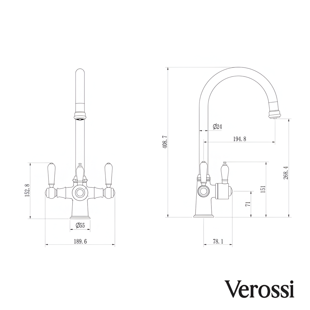 Verossi  | Vandisso | Traditional Cruciform Style 3 in 1 Instant Boiling Tap | White Ceramic Levers | Polished Chrome Finish