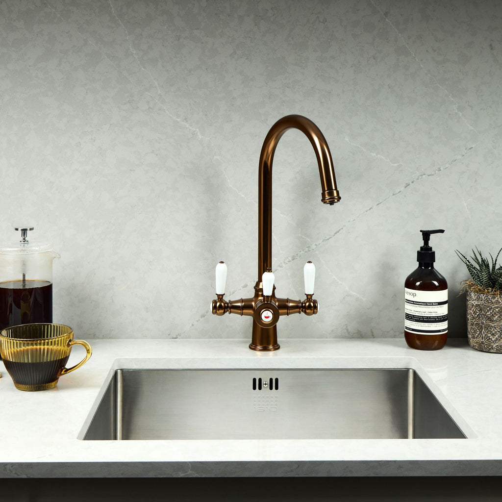 Verossi  | Vandisso | Traditional Cruciform Style 3 in 1 Instant Boiling Tap | White Ceramic Levers | Brushed Copper Finish