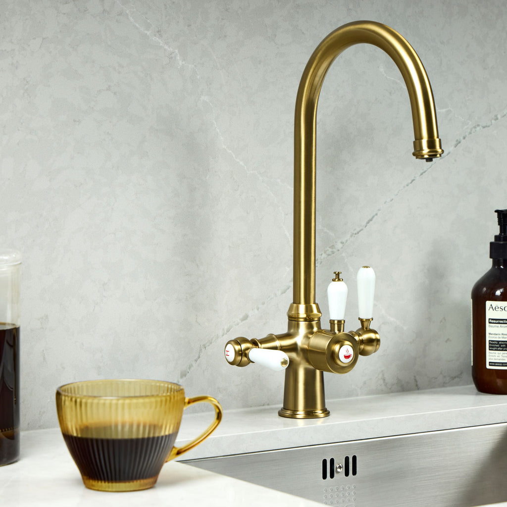Verossi  | Vandisso | Traditional Cruciform Style 3 in 1 Instant Boiling Tap | White Ceramic Levers | Brushed Brass Finish
