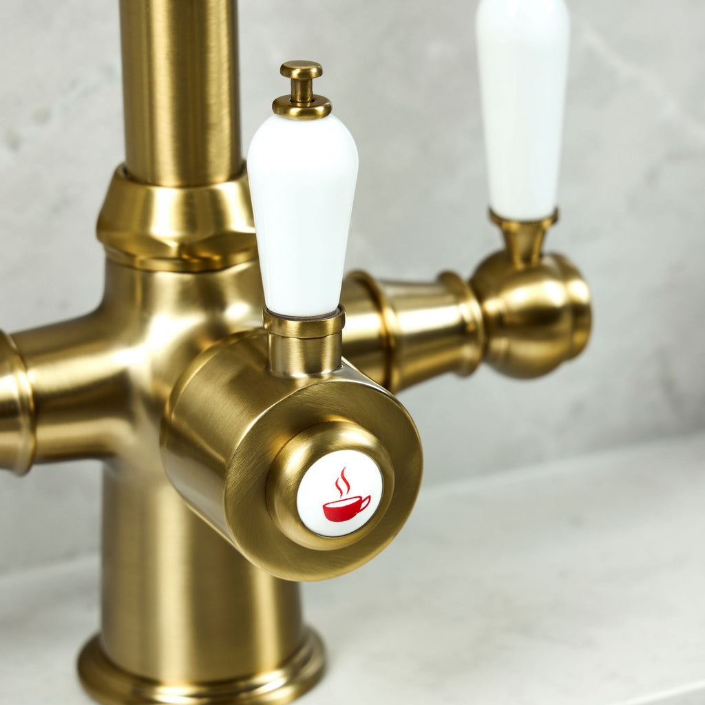 Verossi  | Vandisso | Traditional Cruciform Style 3 in 1 Instant Boiling Tap | White Ceramic Levers | Brushed Brass Finish