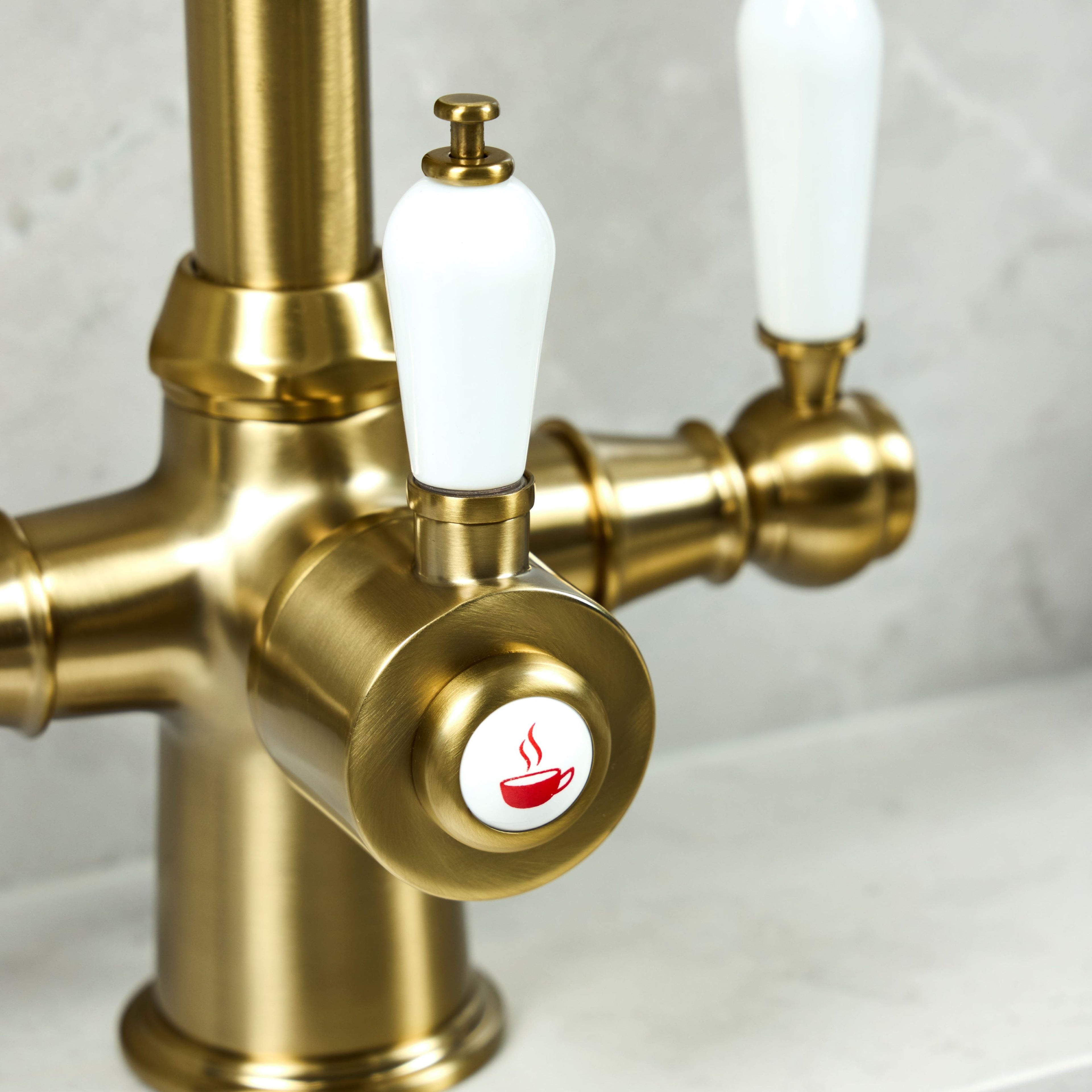 Verossi  | Vandisso | Traditional Cruciform Style 3 in 1 Instant Boiling Tap | White Ceramic Levers | Brushed Brass Finish