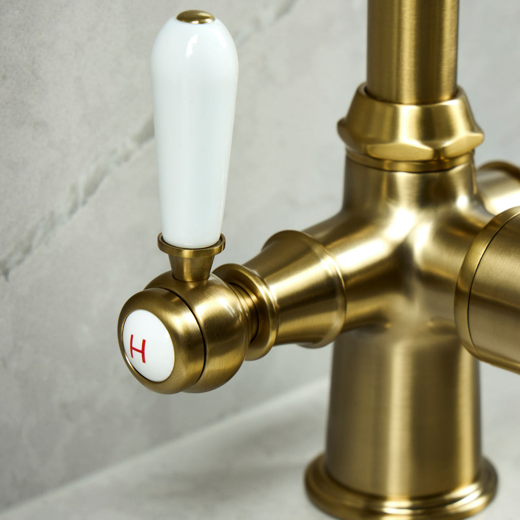 Verossi  | Vandisso | Traditional Cruciform Style 3 in 1 Instant Boiling Tap | White Ceramic Levers | Brushed Brass Finish