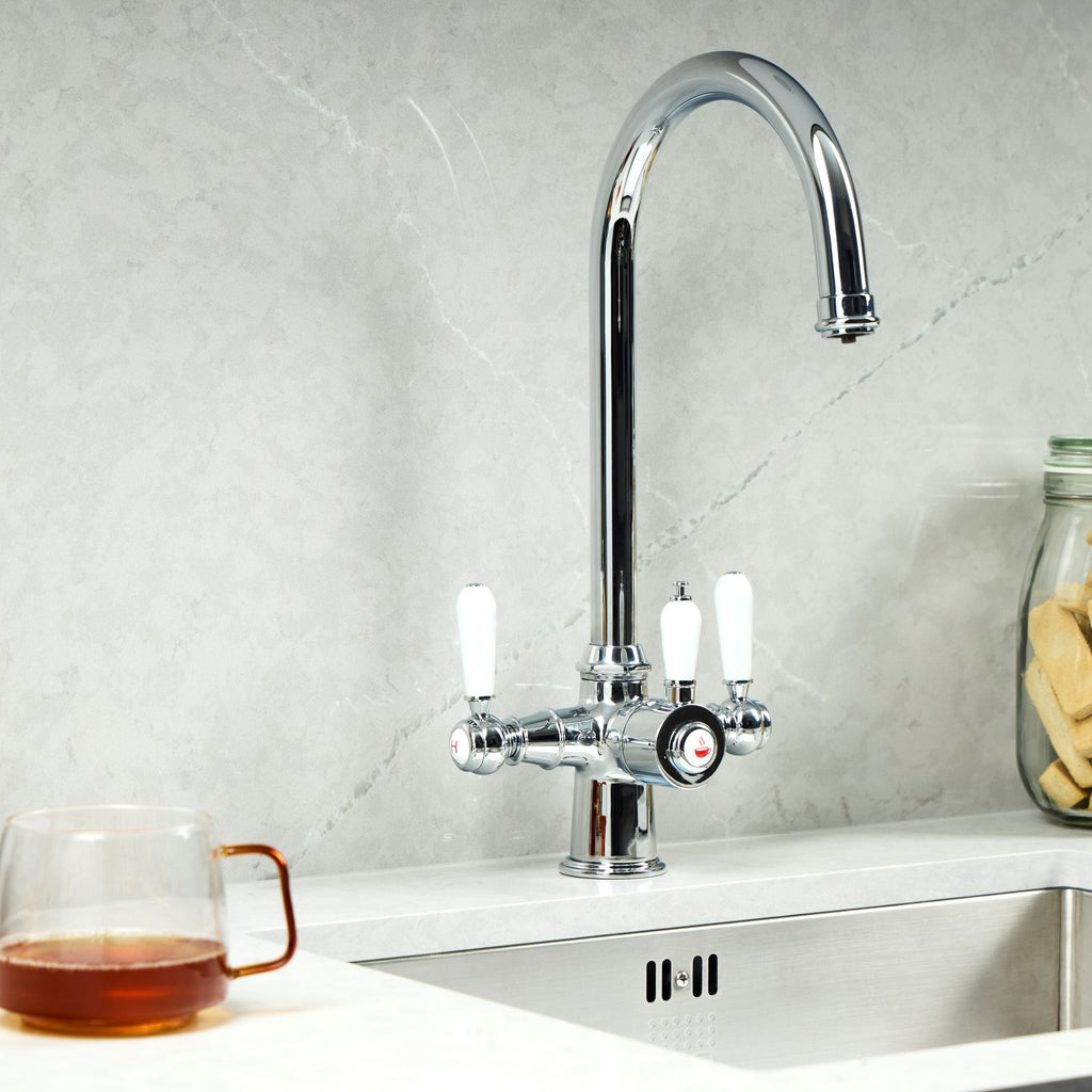 Verossi  | Vandisso | Traditional Cruciform Style 3 in 1 Instant Boiling Tap | White Ceramic Levers | Polished Chrome Finish