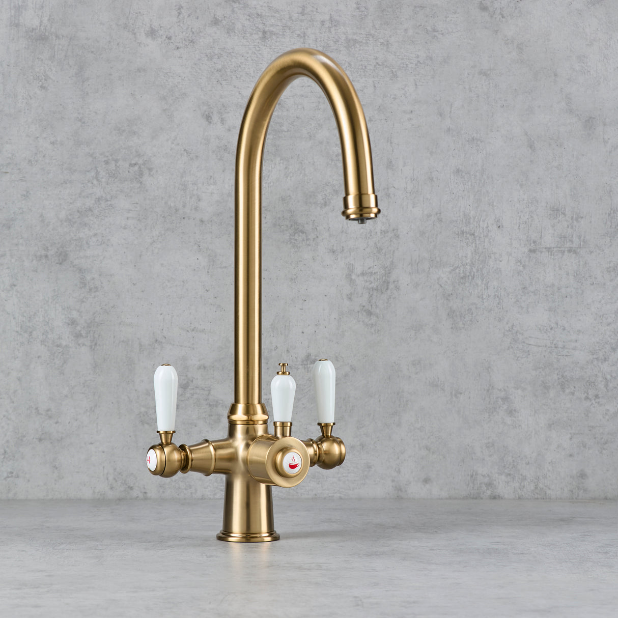 Verossi  | Vandisso | Traditional Cruciform Style 3 in 1 Instant Boiling Tap | White Ceramic Levers | Brushed Brass Finish