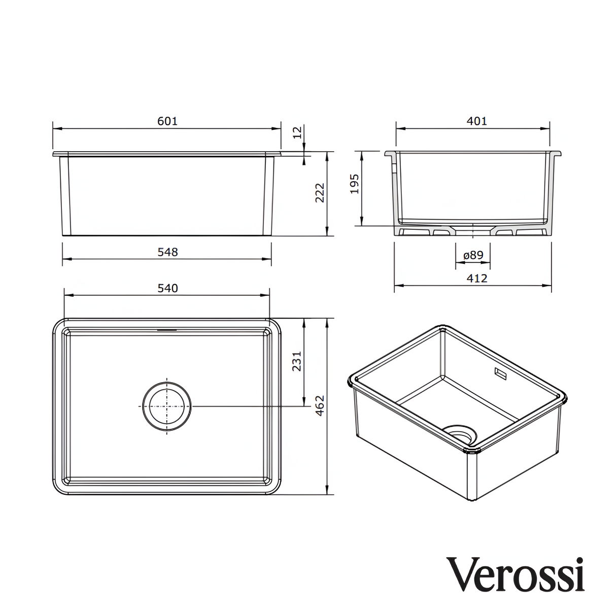 Verossi | Vrimo Belfast | 1.0 Bowl Stainless Steel Kitchen Sink | Gold Strainer Waste Supplied | Gold Finish