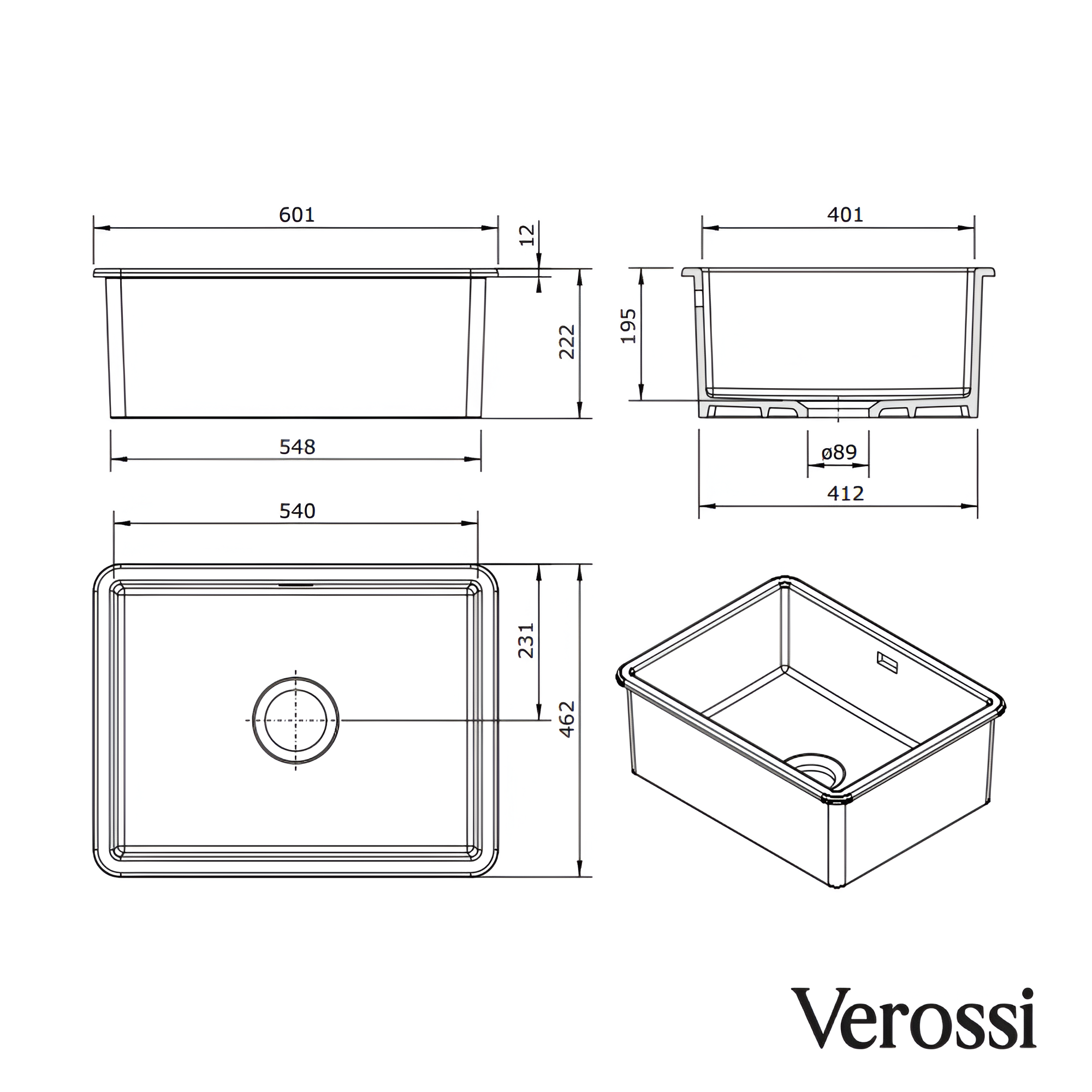 Verossi | Vrimo Belfast | 1.0 Bowl Stainless Steel Kitchen Sink | Gold Strainer Waste Supplied | 600 x 450mm| Gold Finish