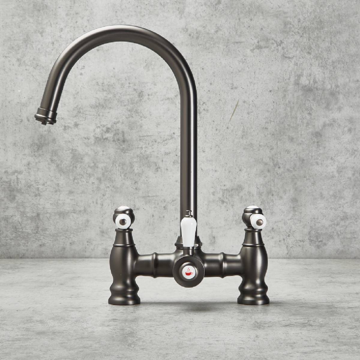 Verossi  | Venetian | Traditional Bridge Style 3 in 1 Instant Boiling Tap | White Ceramic Levers | Gun Metal Finish