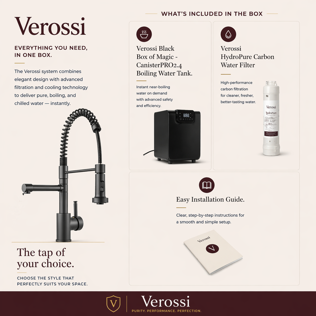 Verossi  | Flex | Multiuse Style 3 in 1 Instant Boiling Tap with Flexi Spray  | Matt Black Finish