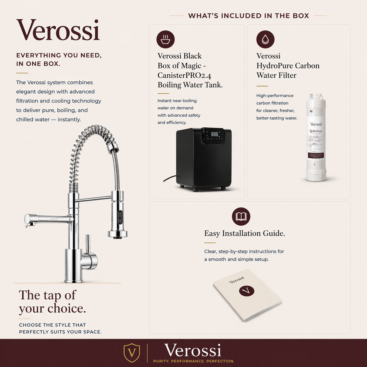 Verossi | Flex | Multiuse Style 3 in 1 Instant Boiling Tap with Flexi Spray  | Polished Chrome Finish