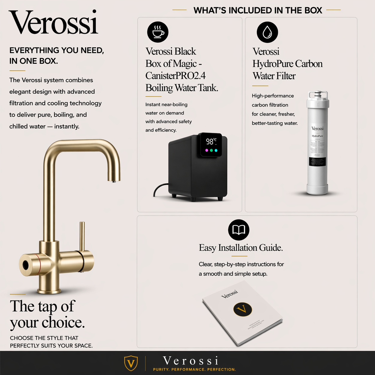 Verossi  | Valeria | Finger Print Control - 3 in 1 Instant Boiling Tap | Brushed Brass Finish