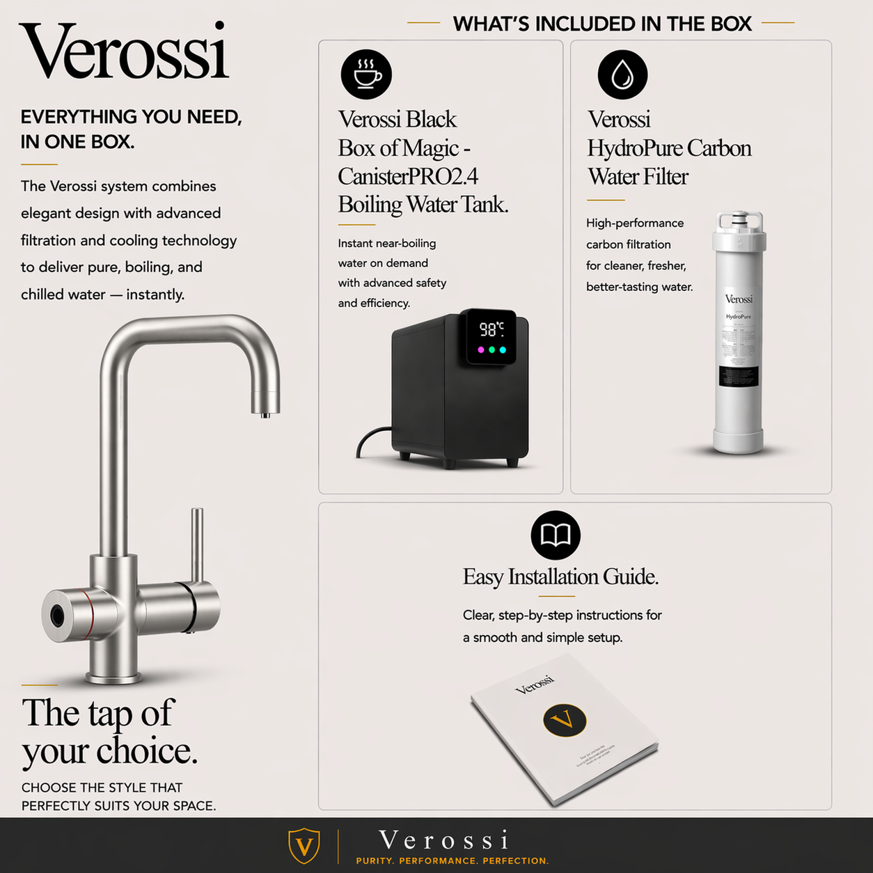 Verossi  | Valeria | Finger Print Control 3 in 1 Instant Boiling Tap | Brushed Steel Finish