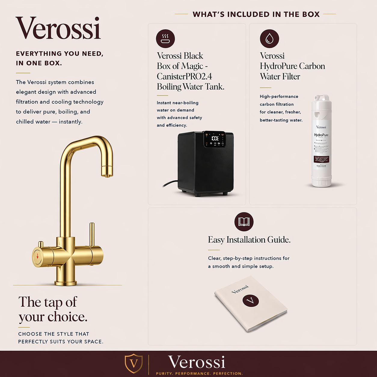 Verossi | Vamore | 3 in 1 Instant Boiling Tap | Brushed Gold Finish