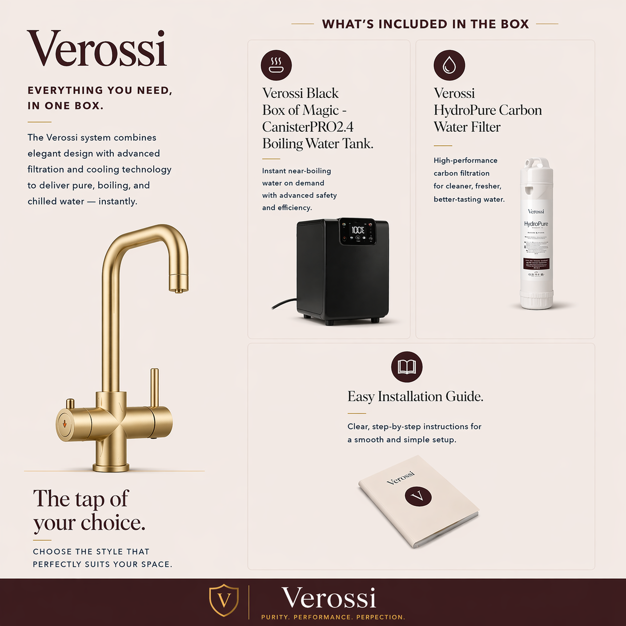 Verossi | Vamore | 3-in-1 Instant Boiling Water Tap System | Brushed Brass