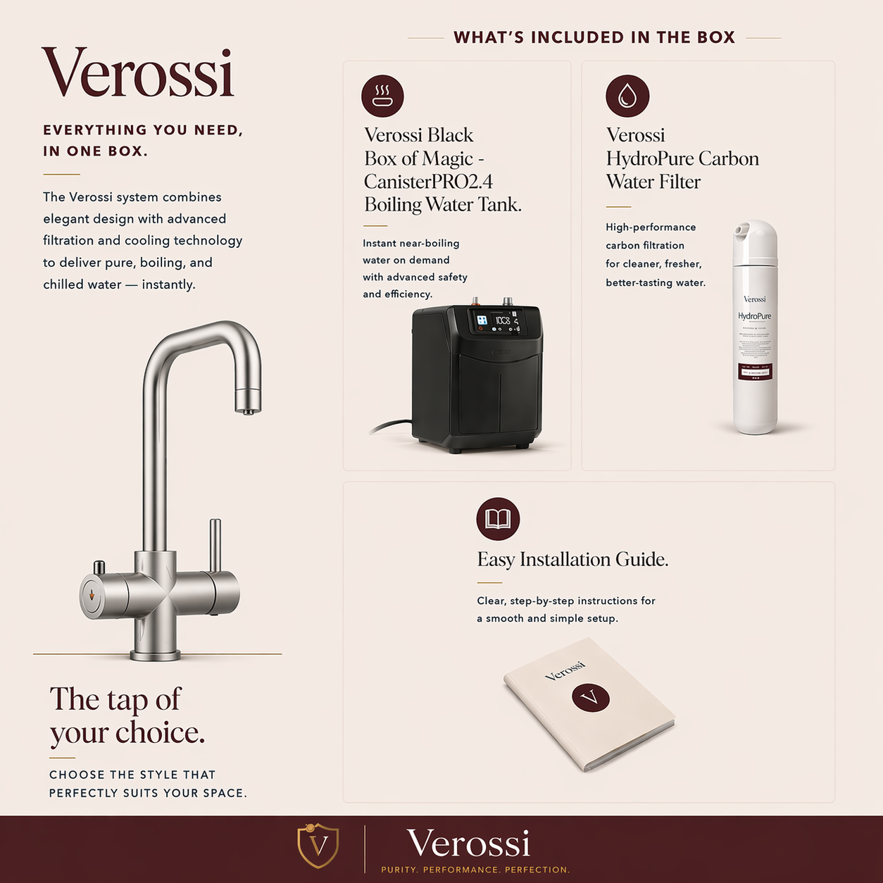 Verossi | Vamore | 3-in-1 Instant Boiling Water Tap System | Brushed Steel