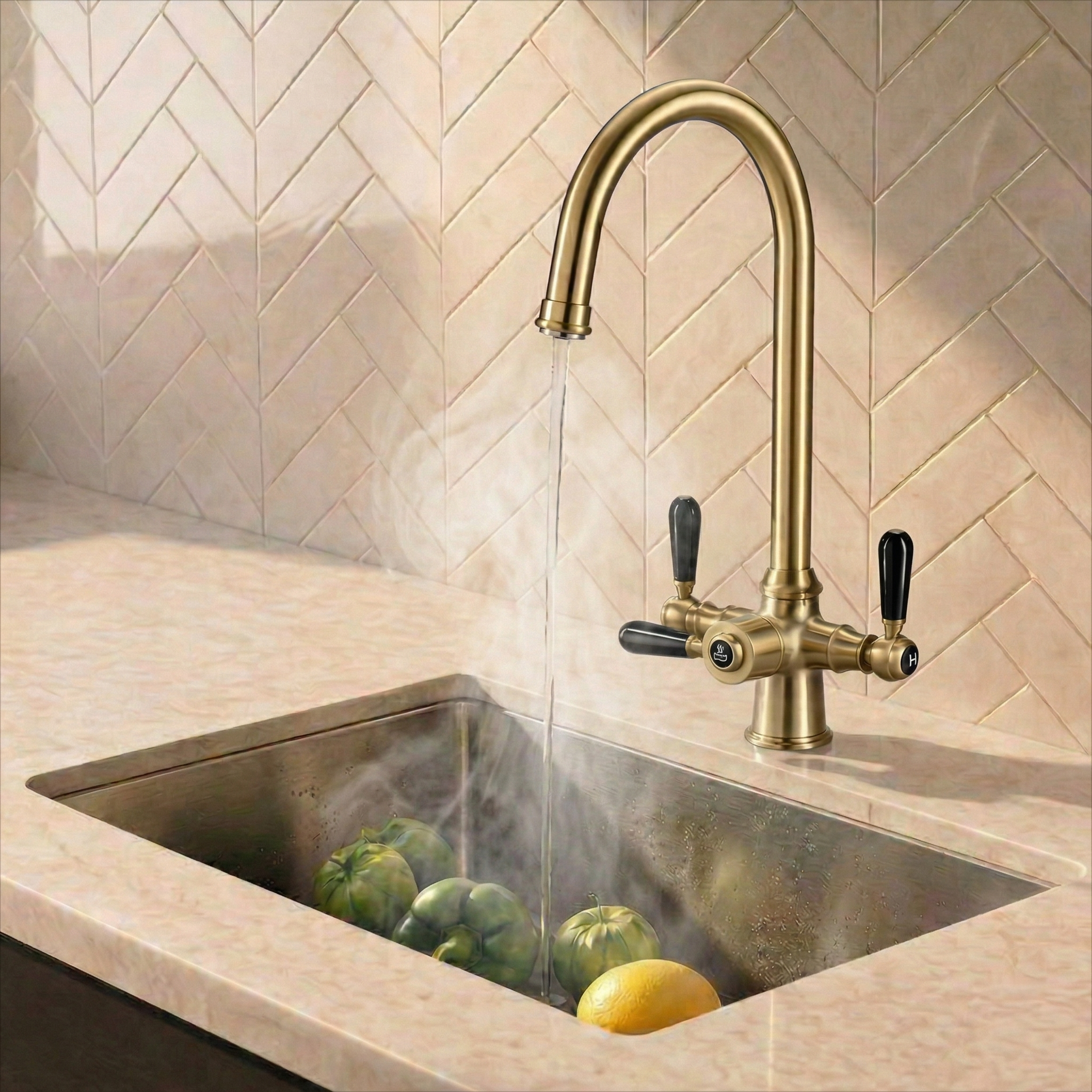 Verossi  | Vandisso | Traditional Cruciform Style 3 in 1 Instant Boiling Tap | Black Ceramic Levers | Brushed Brass Finish
