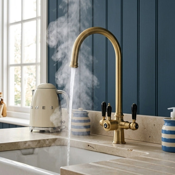 Verossi  | Vandisso | Traditional Cruciform Style 3 in 1 Instant Boiling Tap | Black Ceramic Levers | Brushed Brass Finish