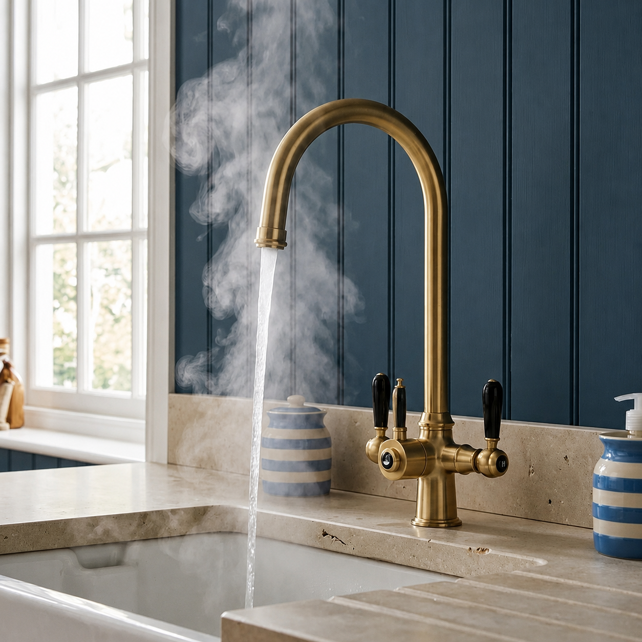 Verossi  | Vandisso | Traditional Cruciform Style 3 in 1 Instant Boiling Tap | Black Ceramic Levers | Brushed Brass Finish