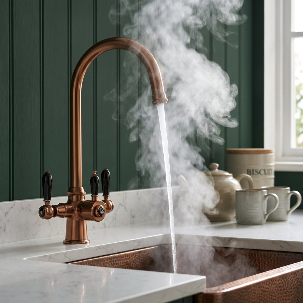 Verossi  | Vandisso | Traditional Cruciform Style 3 in 1 Instant Boiling Tap | Black Ceramic Levers | Brushed Copper Finish