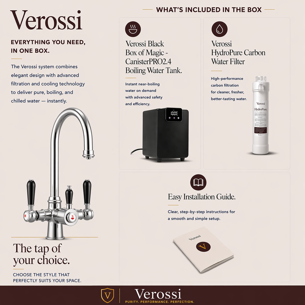 Verossi  | Vandisso | Traditional Cruciform Style 3 in 1 Instant Boiling Tap | Black Ceramic Levers | Polished Chrome Finish