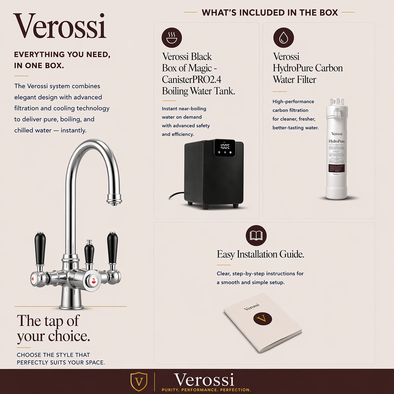 Verossi  | Vandisso | Traditional Cruciform Style 3 in 1 Instant Boiling Tap | Black Ceramic Levers | Polished Chrome Finish