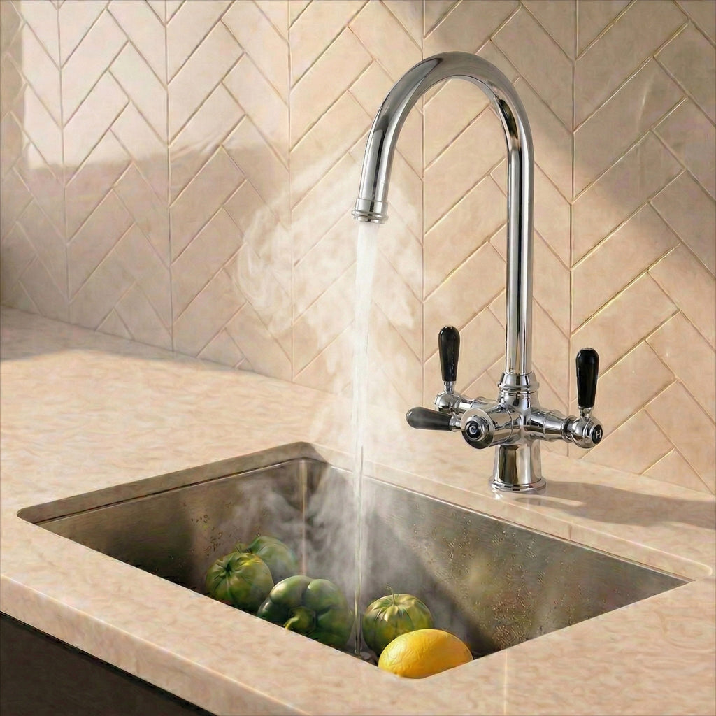 Verossi  | Vandisso | Traditional Cruciform Style 3 in 1 Instant Boiling Tap | Black Ceramic Levers | Polished Chrome Finish