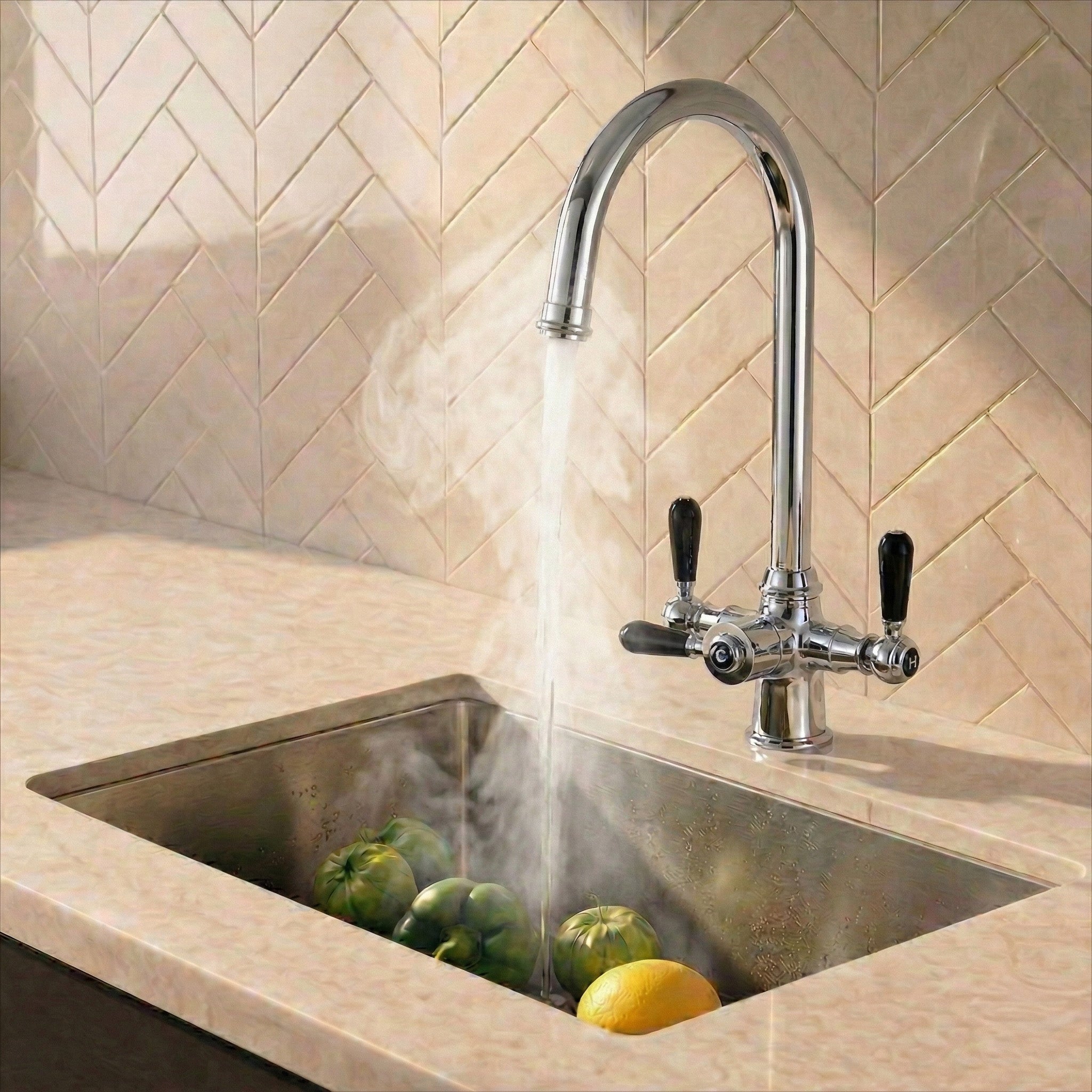 Verossi  | Vandisso | Traditional Cruciform Style 3 in 1 Instant Boiling Tap | Black Ceramic Levers | Polished Chrome Finish