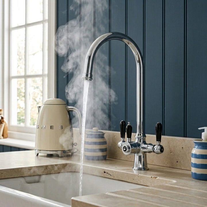 Verossi  | Vandisso | Traditional Cruciform Style 3 in 1 Instant Boiling Tap | Black Ceramic Levers | Polished Chrome Finish