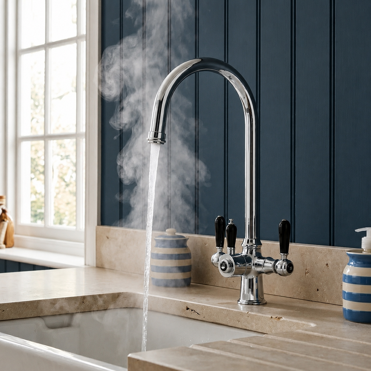 Verossi  | Vandisso | Traditional Cruciform Style 3 in 1 Instant Boiling Tap | Black Ceramic Levers | Polished Chrome Finish