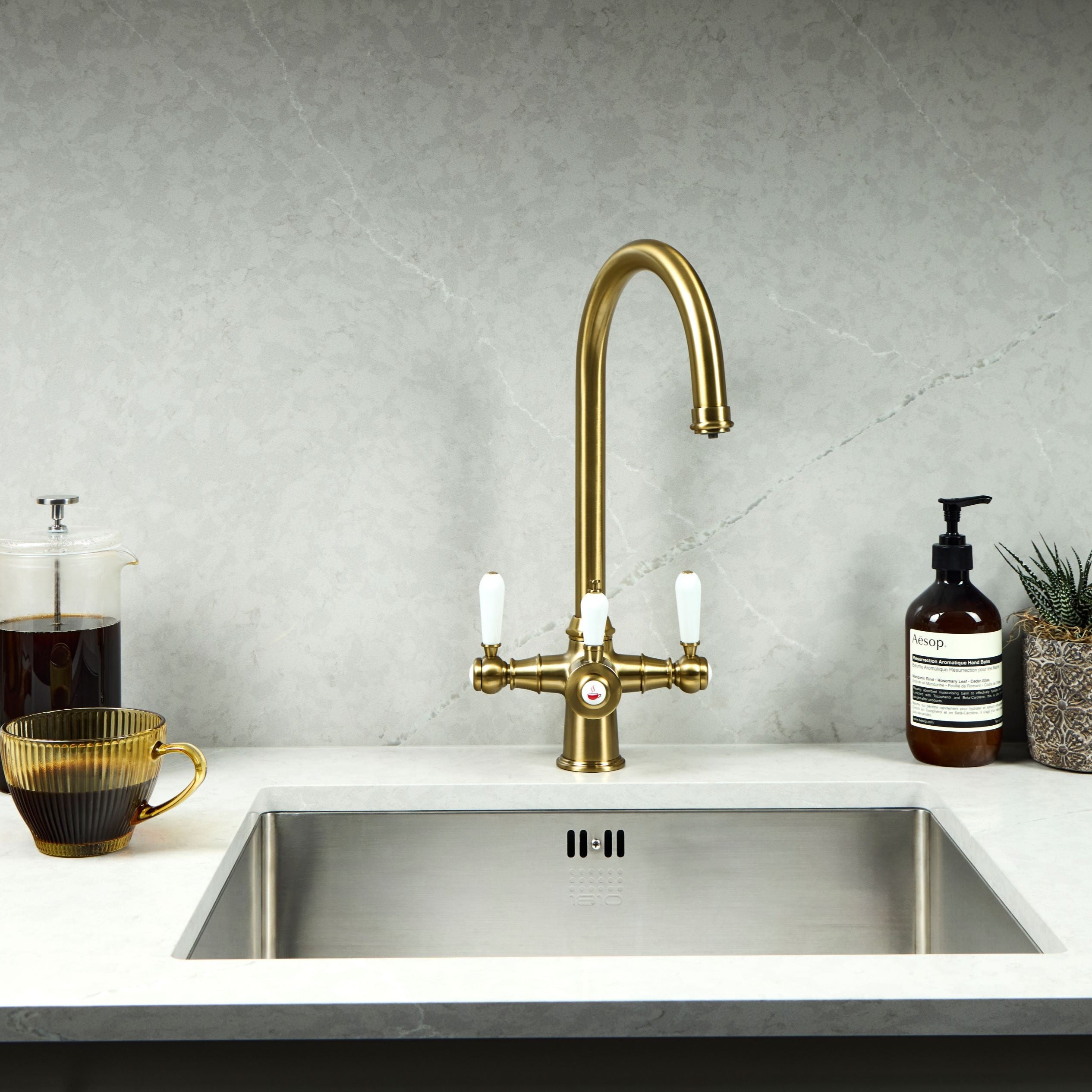 Verossi  | Vandisso | Traditional Cruciform Style 3 in 1 Instant Boiling Tap | White Ceramic Levers | Brushed Brass Finish