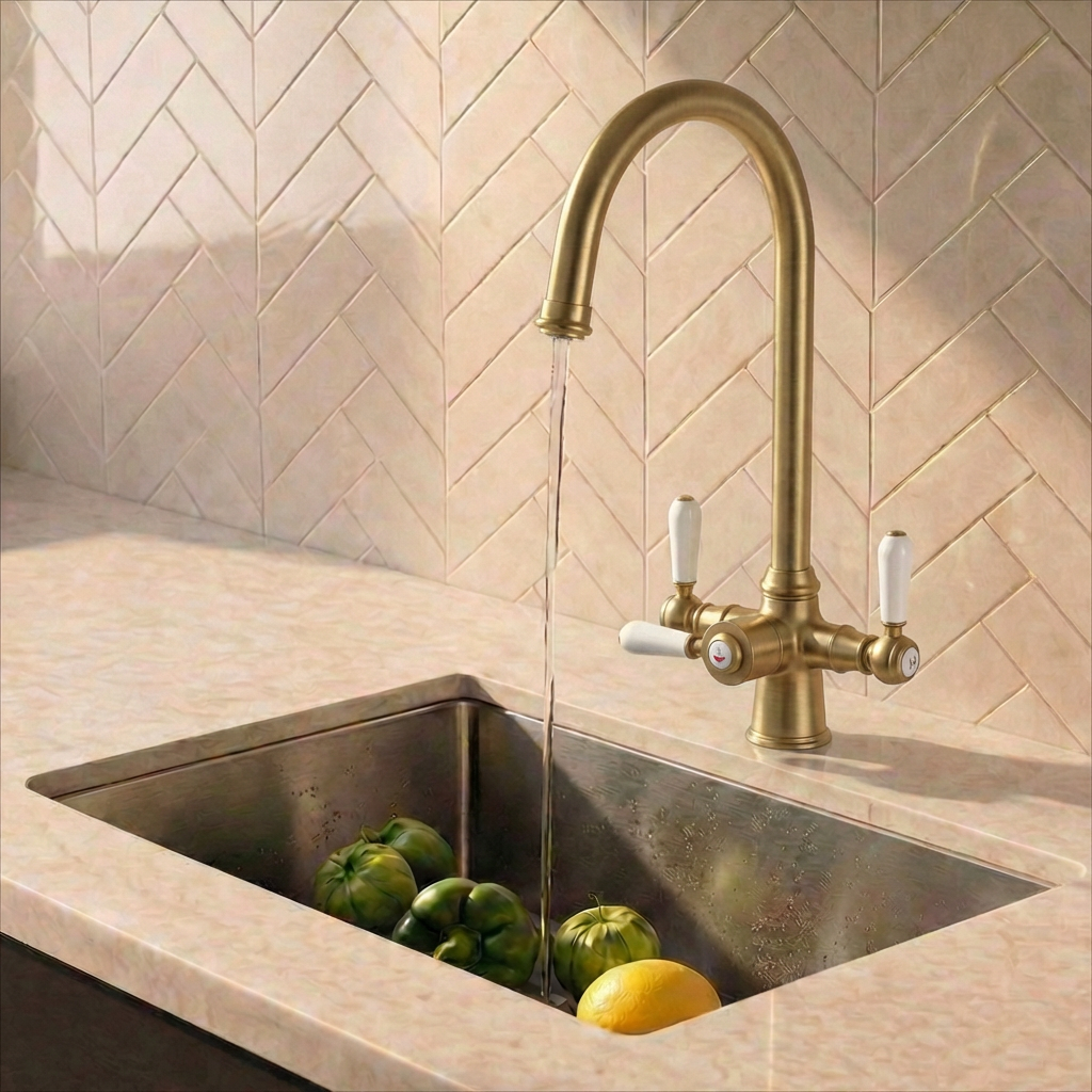 Verossi  | Vandisso | Traditional Cruciform Style 3 in 1 Instant Boiling Tap | White Ceramic Levers | Brushed Brass Finish
