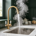 Verossi  | Vandisso | Traditional Cruciform Style 3 in 1 Instant Boiling Tap | White Ceramic Levers | Brushed Brass Finish