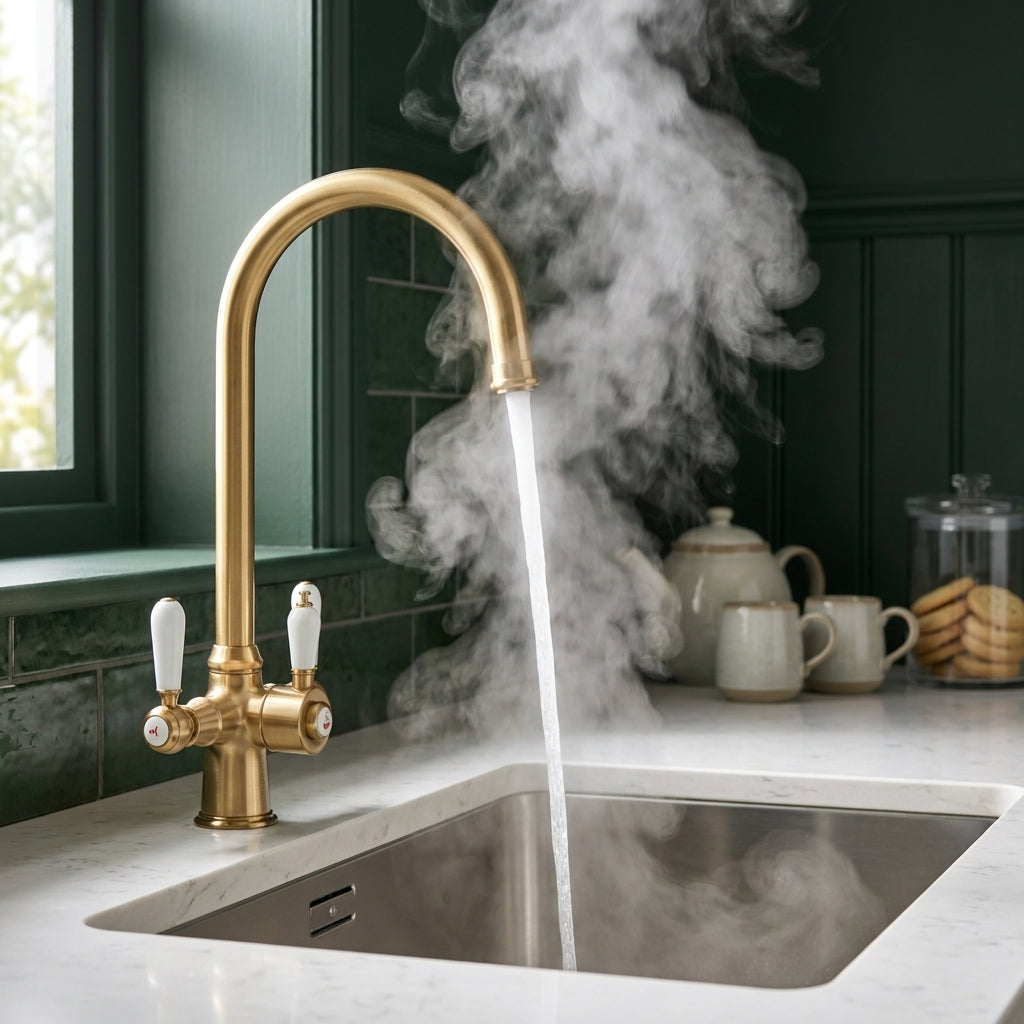 Verossi  | Vandisso | Traditional Cruciform Style 3 in 1 Instant Boiling Tap | White Ceramic Levers | Brushed Brass Finish