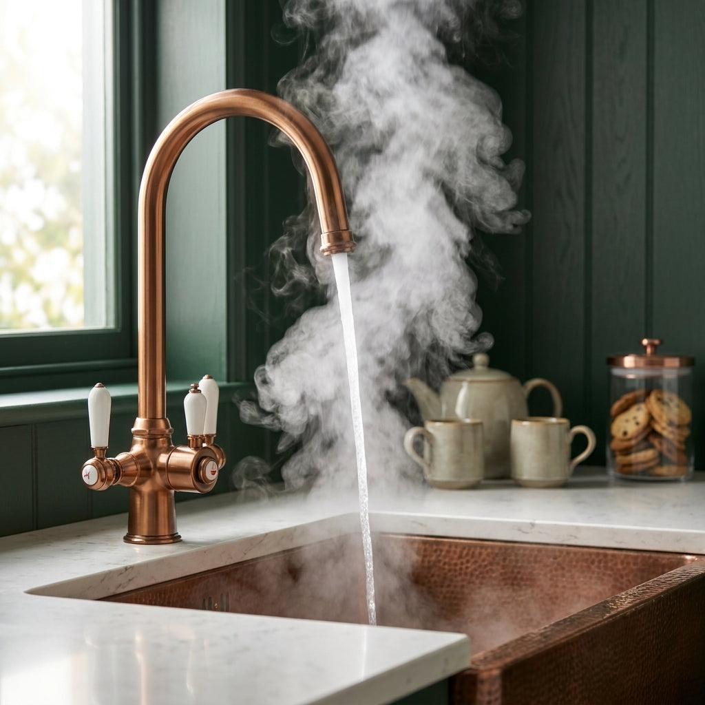 Verossi  | Vandisso | Traditional Cruciform Style 3 in 1 Instant Boiling Tap | White Ceramic Levers | Brushed Copper Finish