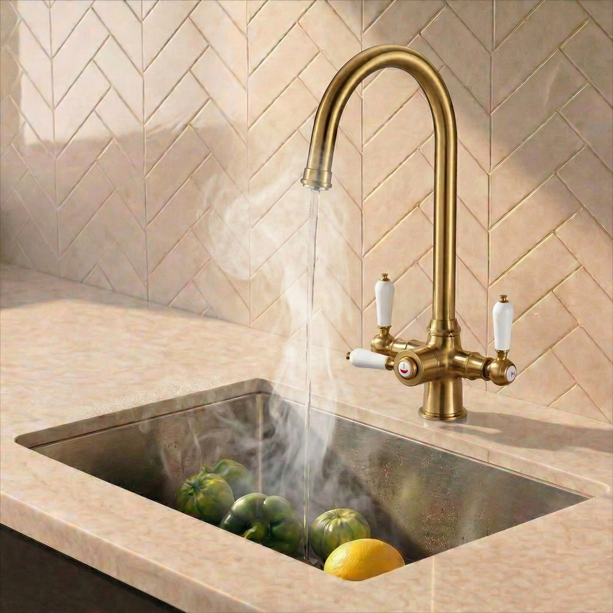 Verossi  | Vandisso | Traditional Cruciform Style 3 in 1 Instant Boiling Tap | White Ceramic Levers | Brushed Gold Finish