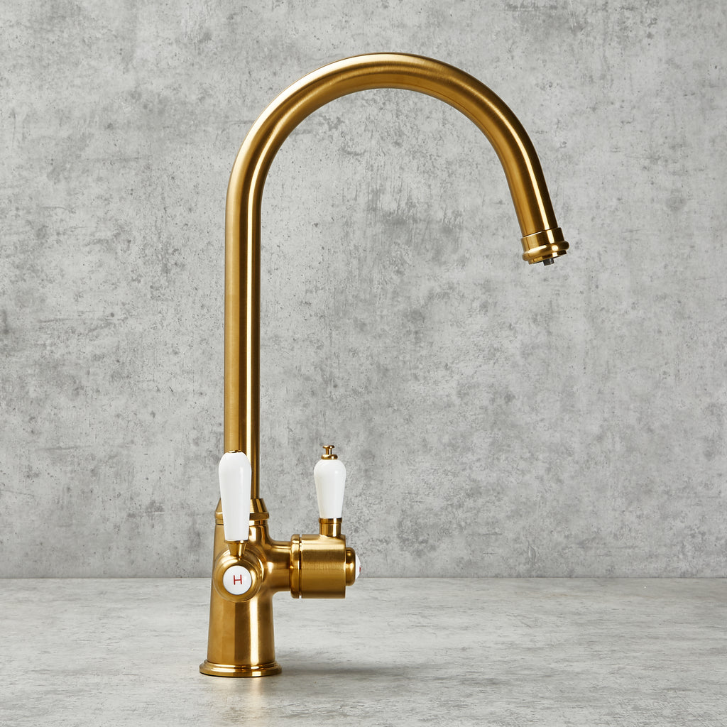 Verossi  | Vandisso | Traditional Cruciform Style 3 in 1 Instant Boiling Tap | White Ceramic Levers | Brushed Gold Finish