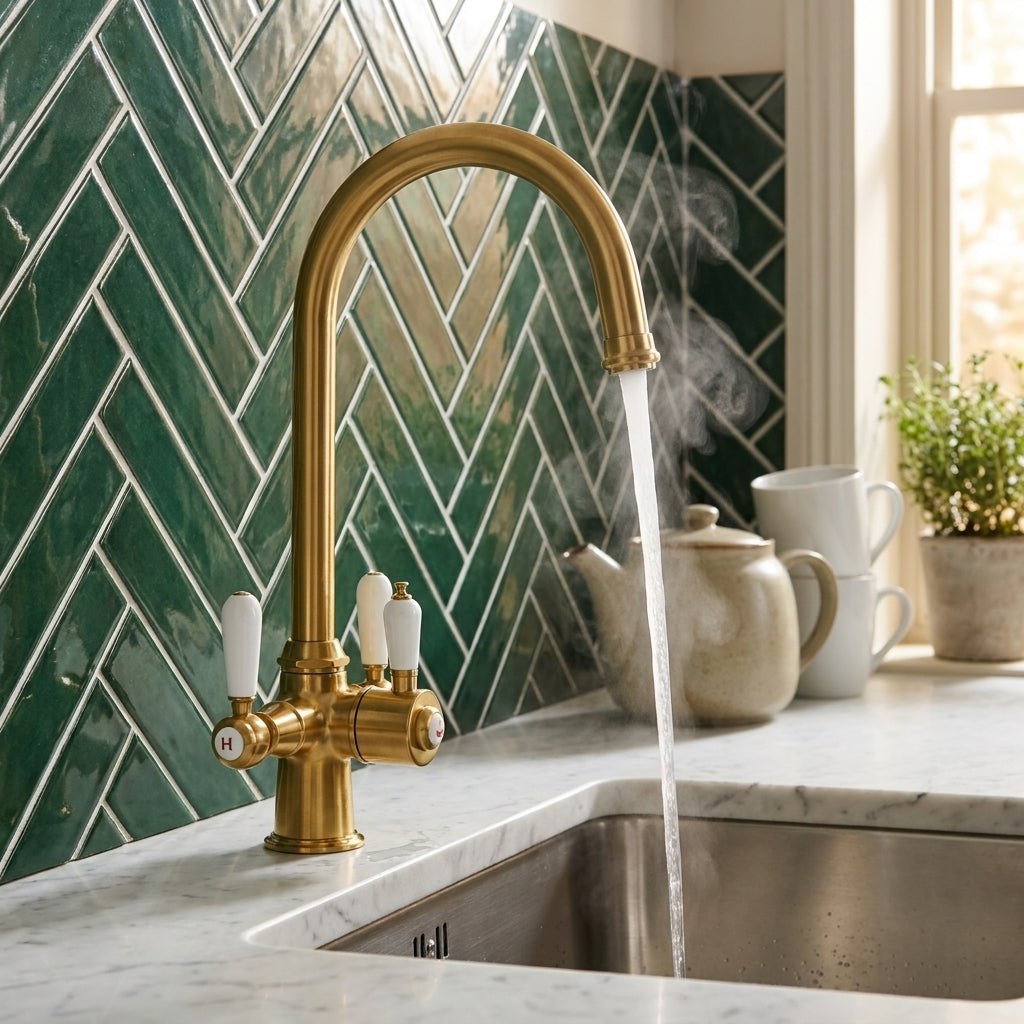 Verossi  | Vandisso | Traditional Cruciform Style 3 in 1 Instant Boiling Tap | White Ceramic Levers | Brushed Gold Finish