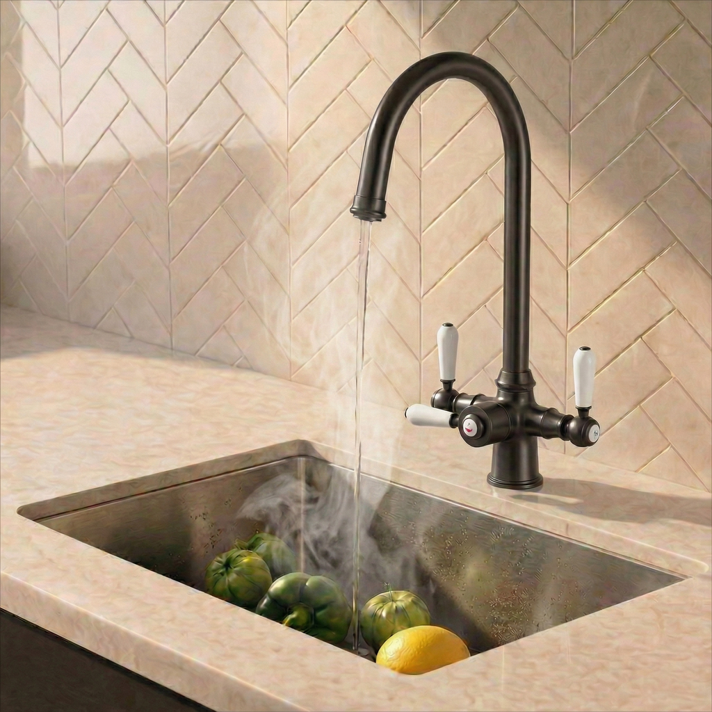 Verossi  | Vandisso | Traditional Cruciform Style 3 in 1 Instant Boiling Tap | White Ceramic Levers | Gun Metal Finish