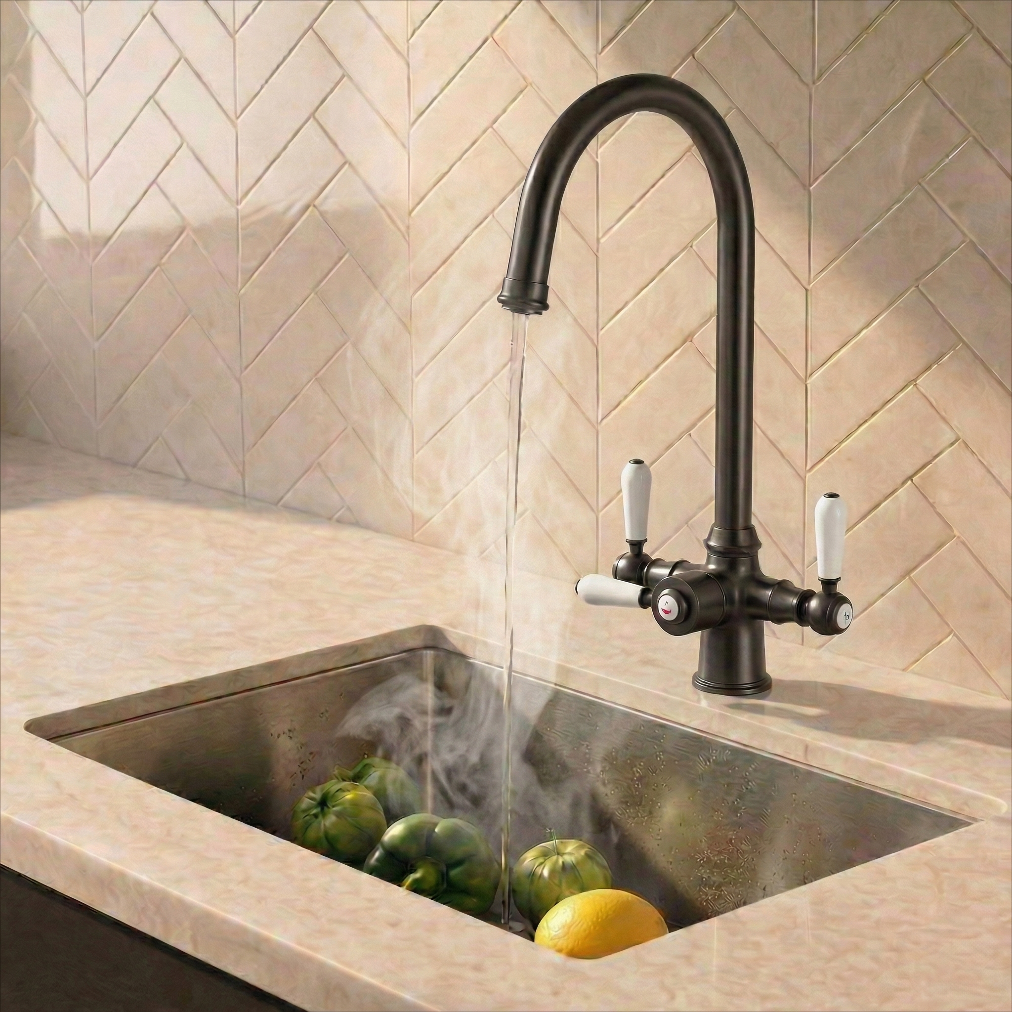 Verossi  | Vandisso | Traditional Cruciform Style 3 in 1 Instant Boiling Tap | White Ceramic Levers | Gun Metal Finish