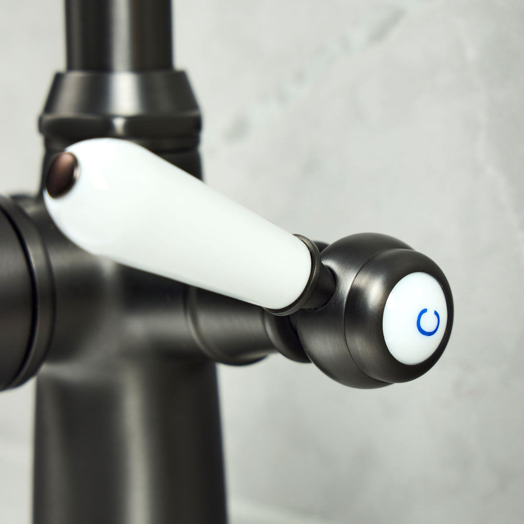 Verossi  | Vandisso | Traditional Cruciform Style 3 in 1 Instant Boiling Tap | White Ceramic Levers | Gun Metal Finish