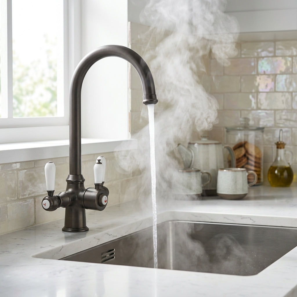 Verossi  | Vandisso | Traditional Cruciform Style 3 in 1 Instant Boiling Tap | White Ceramic Levers | Gun Metal Finish