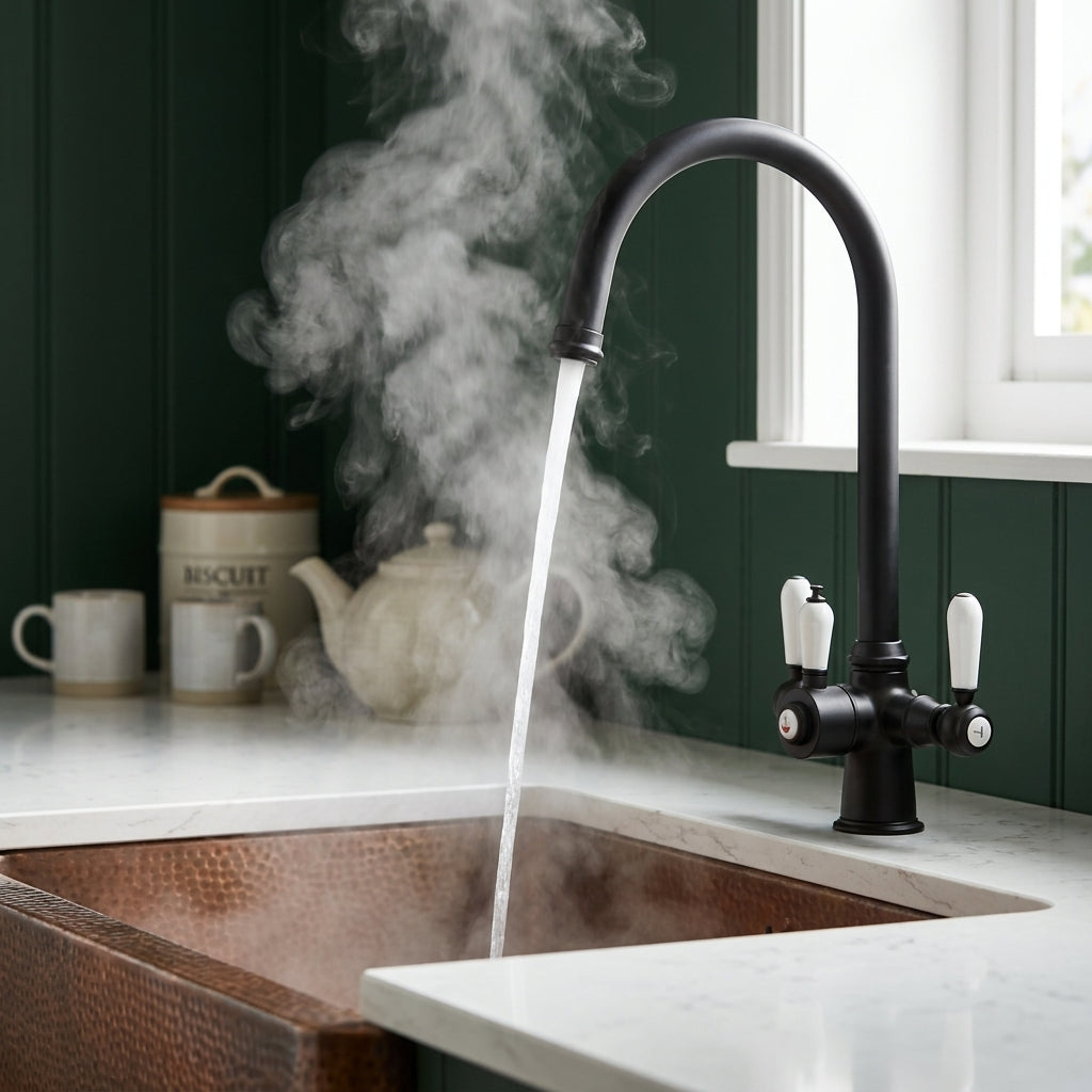 Verossi  | Vandisso | Traditional Cruciform Style 3 in 1 Instant Boiling Tap | White Ceramic Levers | Matt Black Finish