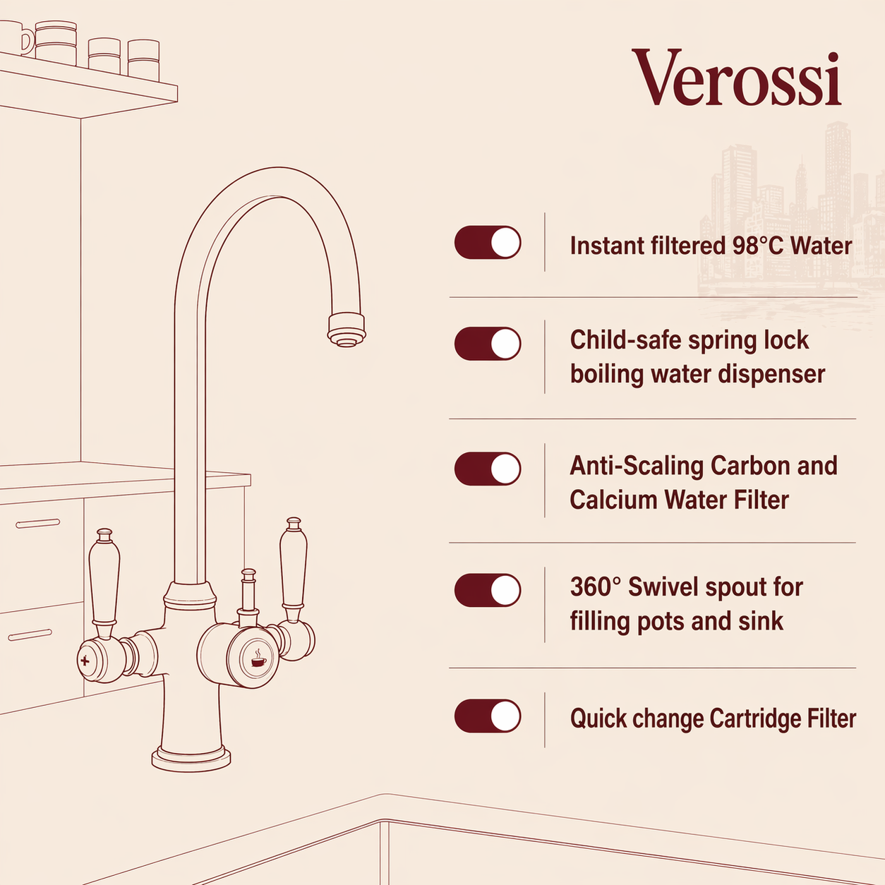 Verossi  | Vandisso | Traditional Cruciform Style 3 in 1 Instant Boiling Tap | White Ceramic Levers | Polished Chrome Finish